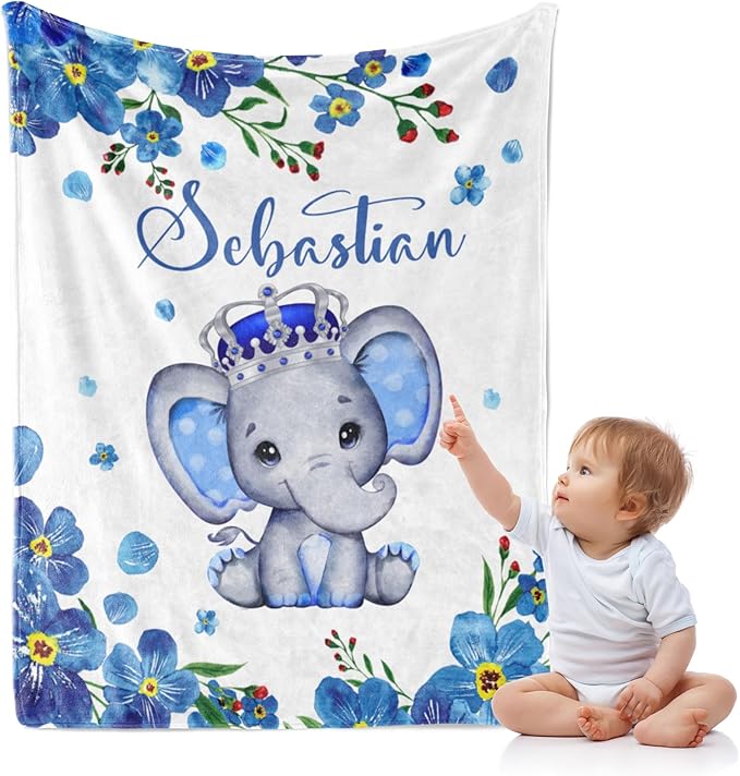 J&SBGFT Personalized Baby Blanket for Boys,Custom with Name, Customized Name Receiving Blankets Toddlers Kids Nursery Stroller Crib Decor Throw 30/''x40/'',Color12, 12-blue Floral Elephant