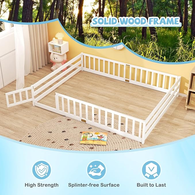 Giantex Queen Floor Bed with Door & Fence, Kids Wood Montessori Beds with Safety Guardrails, Floor Bed Twin for Kids, Boys, Girls, No Box Spring Needed, White