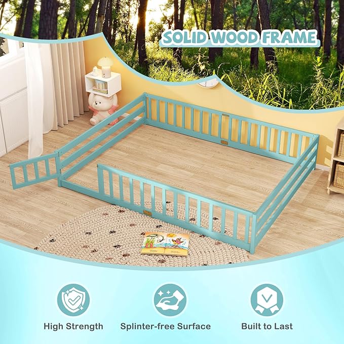 Giantex Queen Floor Bed with Door & Fence, Kids Wood Montessori Beds with Safety Guardrails, Floor Bed Twin for Kids, Boys, Girls, No Box Spring Needed, ICY Aqua