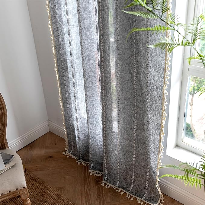 Deeprove Sheer Boho Curtains 63 inches Length for Cafe Closet Kitchen, Vintage Bohemian Embroidery Farmhouse Light Filter Privacy Country Tassel Window Treatments, W52 x L63,Dark Coal Grey 1 Panel