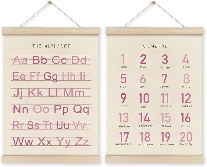 HRQKO Alphabet Numbers Poster Hanger Frame Set of 2, Pink Girls Nursery Wall Decor, ABC Poster Wall Art with Wooden Frames, Pink Alphabet Banner Wall Hanging Decor for Toddler Playroom, 12x16 Inch