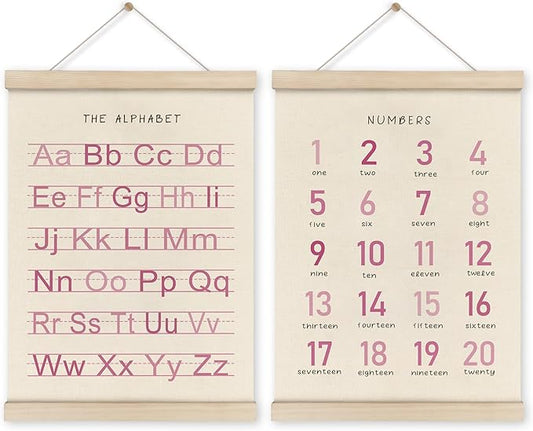 HRQKO Alphabet Numbers Poster Hanger Frame Set of 2, Pink Girls Nursery Wall Decor, ABC Poster Wall Art with Wooden Frames, Pink Alphabet Banner Wall Hanging Decor for Toddler Playroom, 12x16 Inch