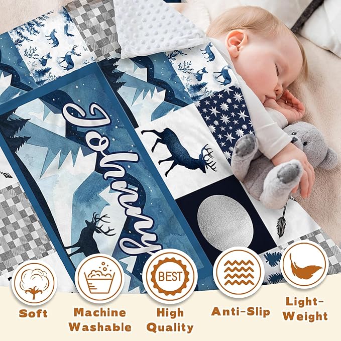 Personalized Baby Blankets for Girls Boys, Custom Blue Deer Baby Blanket with Name for Kids, Flannel Bed Throw Blanket for Newborn, Customized Gifts for Baby Shower Nursery Blanket(47" x60)