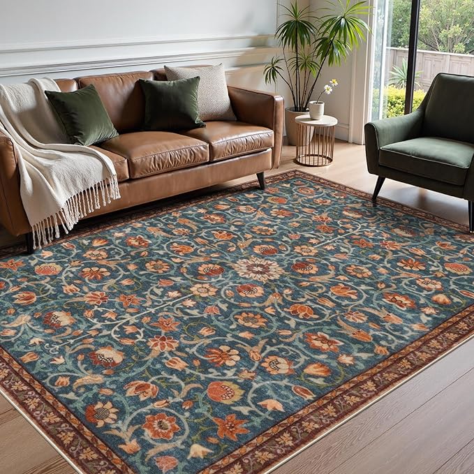 Anidaroel 8x10 Rugs for Living Room, Washable Floral Print Boho Area Rug, Non Slip Soft Large Rugs for Bedroom Stain-Resistant Dining Room Carpet for Home Office Nursery Farmhouse, Blue&Red