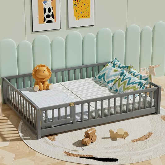i-POOK Full Floor Bed for Children, Sturdy Wood Montessori Bed Frame with Wood Slats, Fence & Door for Girls and Boys, Gray (with Bed Slats)