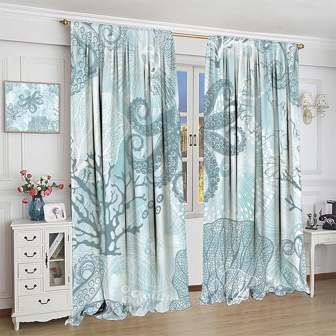 Coastal Window Curtains,Nautical Beach Themed Thermal Insulating Blackout Curtain for Living Room, Bedroom Set 2 Panels,84x84 Inches