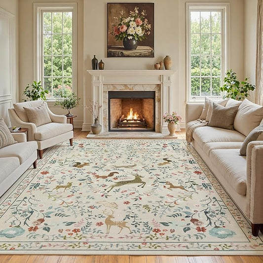 8x10 Area Rugs for Living Room Floral Animal Print Carpet Washable Non-Slip Large Rug Low Pile for Indoor Bedroom Dining Room Nursery Home Office Farmhouse Kids Play Room Beige