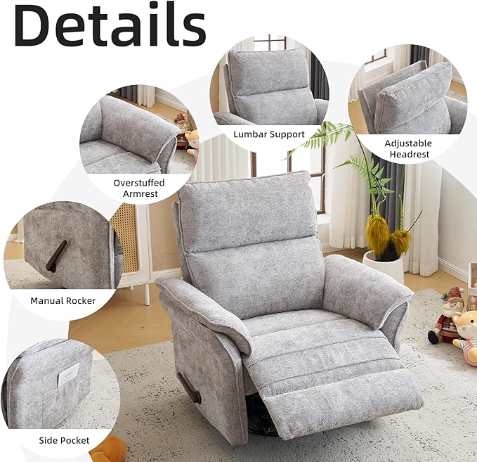 Oversized Glider Rocker Recliner, 26" Extra Wide 360° Swivel Nursery Recliner with Adjustable Headrest, Chenille Rocking Nursery Chair with Overstuffed Armrest, Lumbar Support, Light Grey