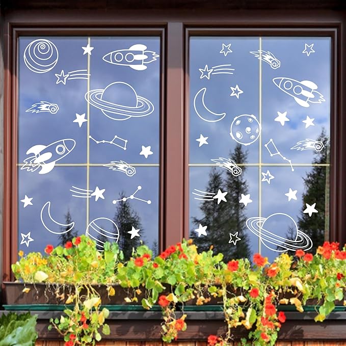 Space Wall Decals,Outer Space Stars Wall Sticker,Planets, Shooting Stars,Rocket Self-Adhesive Mural，Removable Planet Sticker for Living Room Baby Nursery Kids Room Wall Decoration