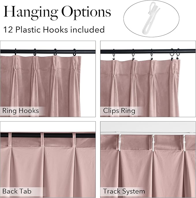 StangH Velvet Pinch Pleated Curtains 108 inches Long, Soft Thermal Insulated Room Darkening Window Drapes Dusty Pink Decorative Sliding Door Curtains for Girls Bedroom, W38 x L108, 2 Panels