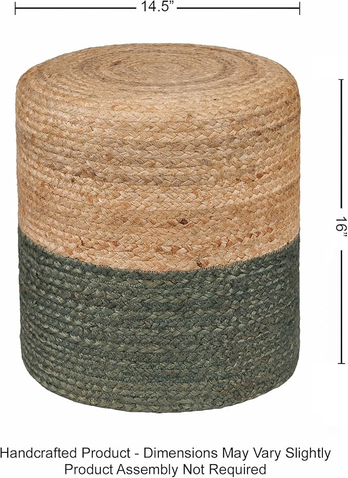 REDEARTH · Cylindrical Pouf Foot Stool Ottoman - Jute Braided Pouffe Poof Accent Sitting Footrest for The Living Room, Bedroom, Nursery, Patio, Lounge & Other Rooms (14.5”X14.5”X16”; Natural Olive)
