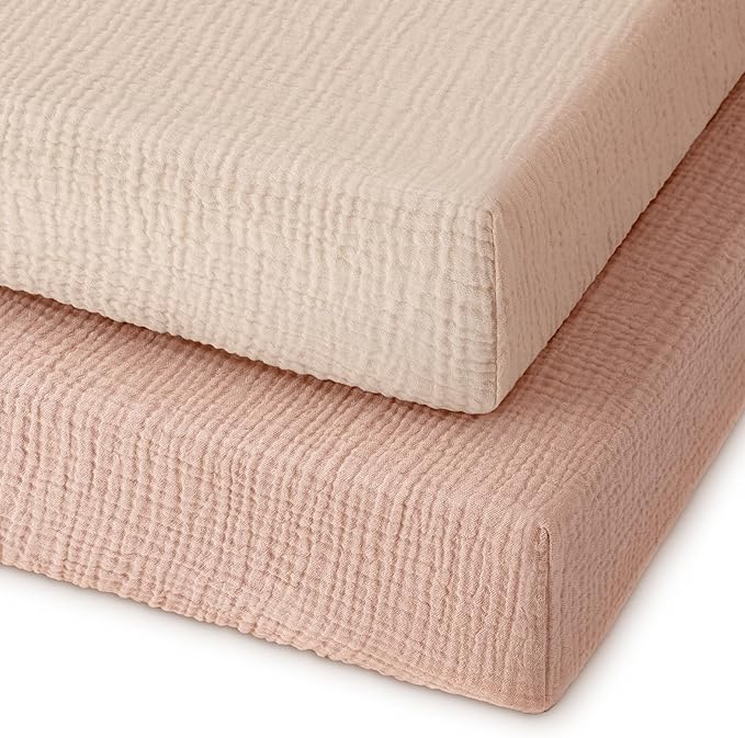 Muslin Pack and Play Sheets Fitted, 100% Cotton Mini Crib Sheets 2 Pack for Pack N Play Mattress, Stretchy Playard Sheet, Soft and Breathable Gradient Pink