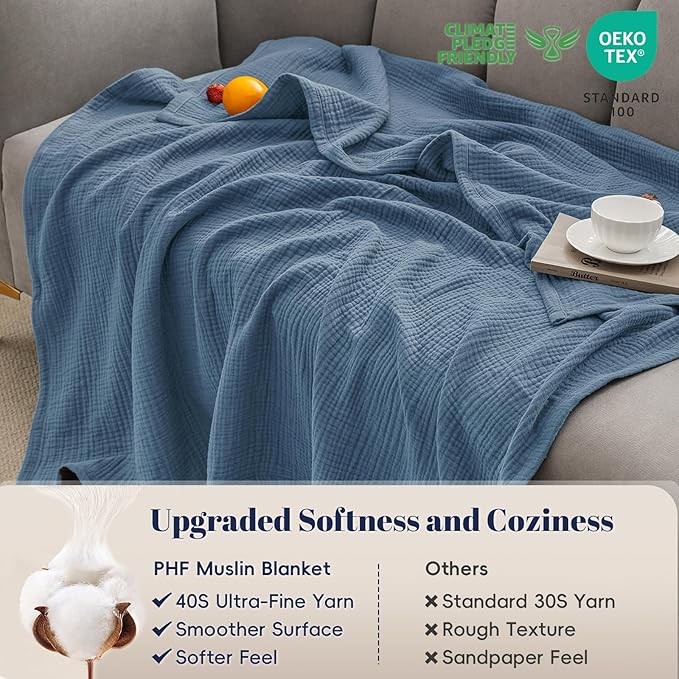 PHF 100% Cotton Muslin Blanket Twin XL Size 66"x90", 4-Layer Lightweight Gauze Throw, Breathable Cloud-Soft Minimalist Blanket for Bed, Couch, Camping & Baby, Denim Blue, Ideal Gift
