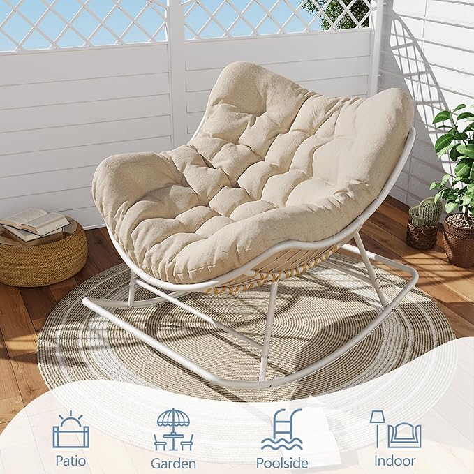 SWITTE Outdoor Papasan Rocking Chair, Oversized Egg Lounge Chair with Thick Cushion, Supports 450 lbs, Comfy Rocker for Patio, Balcony, Porch, or Indoor Living Room-Cream