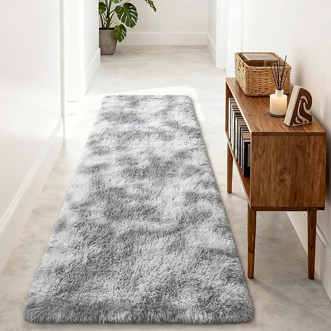 Merelax Soft Area Rugs for Livingroom Bedroom, Shaggy Plush Fuzzy Fluffy Carpet Furry Fur Rug, Modern Indoor Comfy Nursery Kids Dorm Home Decor Floor Mat, 2 x 6 ft, Tie-Dyed Light Grey