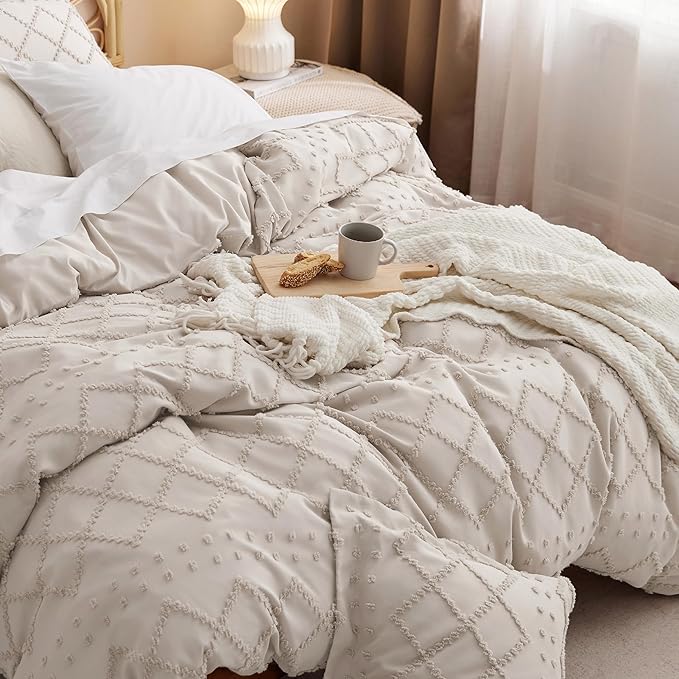 Bedsure Boho Twin Duvet Cover Size - Beige Breathable & Soft Boho Bedding, Machine Washable Comforter Cover for All Seasons, Includes 1 Duvet Cover 68"x90" with 1 Pillow Sham & Zipper Closure