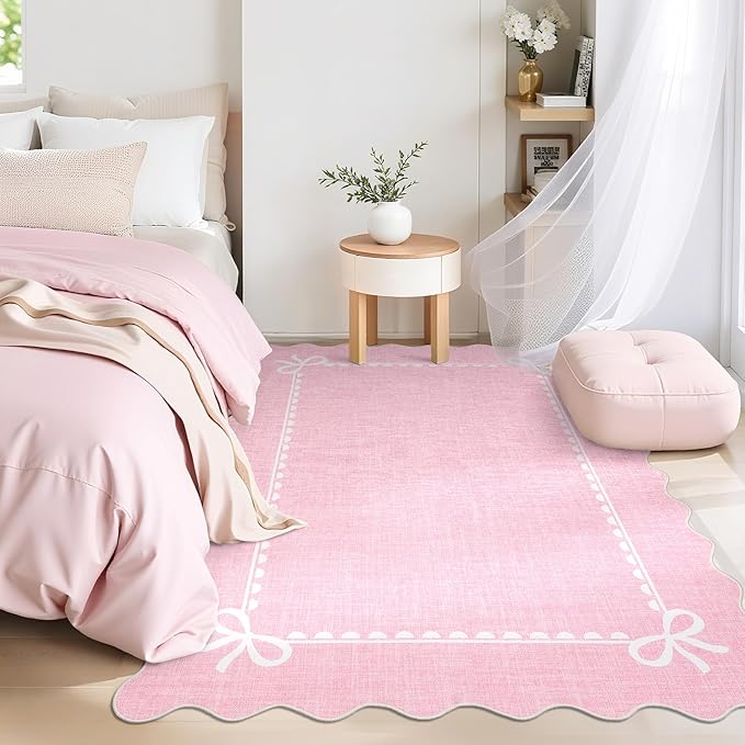 GarveeHome Scalloped Bow Rug for Living Room, Solid Pink Rug for Dorm, Washable Rugs 5x7 Soft Low Pile Non Slip Scalloped Rugs for Nursery College Bedroom Decor Kids Room Playroom