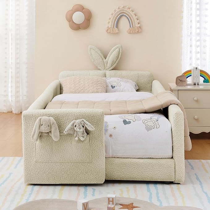 DEINPPA Twin Size Platform Bed Frame with Rabbit Ear Shaped Headboard and Pocket, Boucle Upholstered Bed Frame with Guardrail for Children Kids Boys Girls-Camel