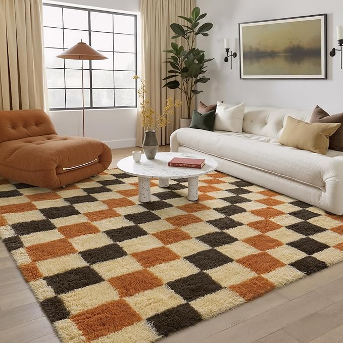 Checkered Rug 5x8 for Living Room, Colorful Modern Shag Rug Super Soft Washable Indoor Fuzzy Carpet Non-Slip Fluffy Rugs for Bedroom Home Aesthetic Decor