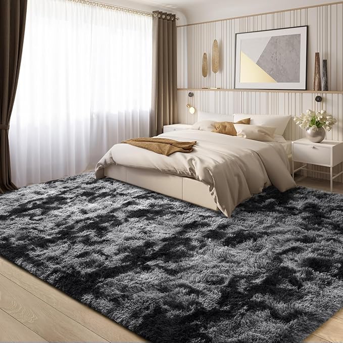 EVOIONOS 10x14 Washable Large Area Rug Living Room, Fluffy Shag Rug Bedroom, Ultra Soft Plush Non Slip Carpet Indoor Floor Bedside Nursery Kids Girl Room Dorm, Home Decor Aesthetic Tie-Dyed Dark Grey