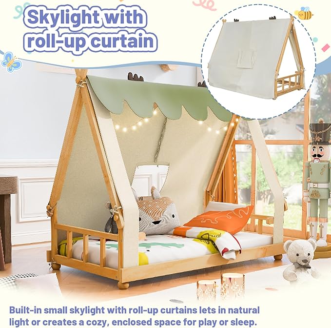 Twin Size Floor Bed with Tent and Light, Wooden Montessori Bed Frame with Roof Design, Low Profile Beds for Kids, Boys and Girls, White