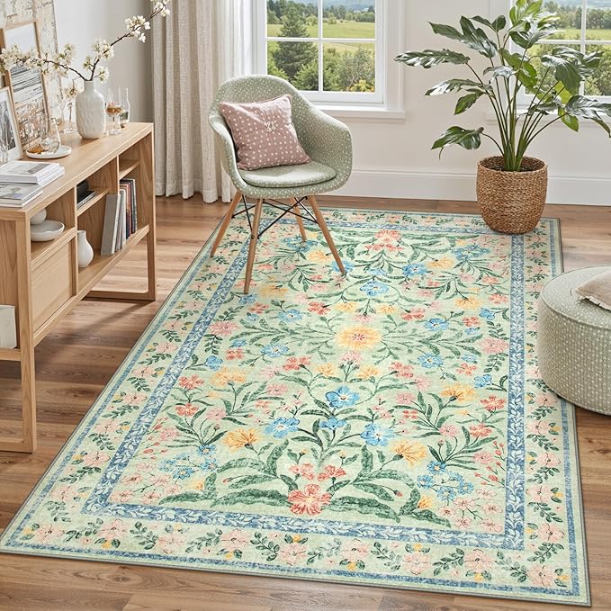Lahome Washable 5x7 Area Rugs, Boho Pink and Green Floral Living Room Rug Non Slip, Vintage Girls Bedroom Indoor Carpet for Nursery Playroom Kitchen, Green/Multi