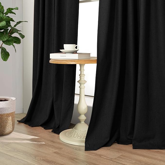 Black Curtains 84 Inches Long for Bedroom 2 Panel Set Linen Textured Total Blackout Thermal Insulated Darkening Dark Curtains Black Out Shades for Living Room Floor Length Window Drape Back Tab Pocket