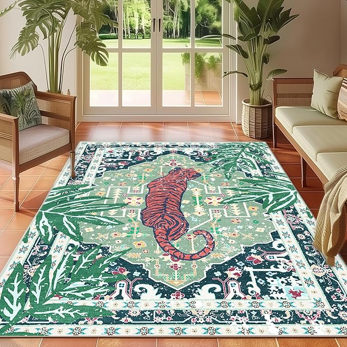 8x10 Washable Non-Slip Green Tiger Rug for Living Room Bedroom Dining Room Vintage Neutral Tropical Animal Cheetah Print Jungle Rug Soft Cozy Woodland Large Carpet for Boys Room Playroom