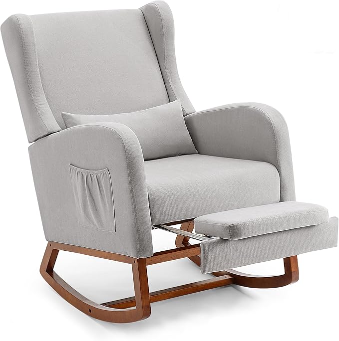 Rocking Chair Nursery Glider Chair with Foot Rest, Nursery Rocking Chairs with Rubber Wood Legs Side Pocket, High Back Nursing Chair, Accent Rocker Arm Chair Baby Bedroom, Living Room, Grey