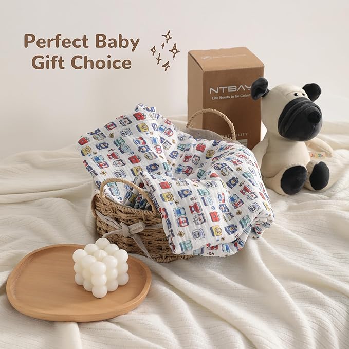 NTBAY 2 Layer Muslin Cotton Baby Swaddle Blanket, 42x60 Soft and Breathable Receiving for Newborns and Infants, Perfect for Crib, Stroller, Travel, Lightweight Nursery Blanket, Cartoon Train