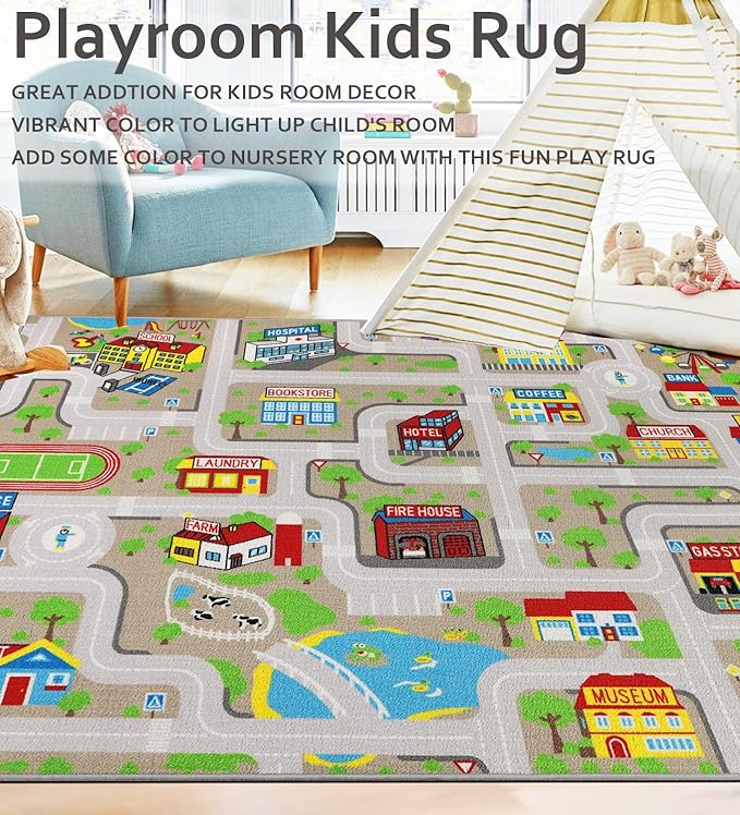 Kids Carpet Playmat Rug 5'0''x6'6'', Kids Rugs for Bedroom, Non-Slip Town City Road Map Car Rugs for Kids Toy Cars, Track Carpet Play Rug for Playroom Classroom Decor (Tan)