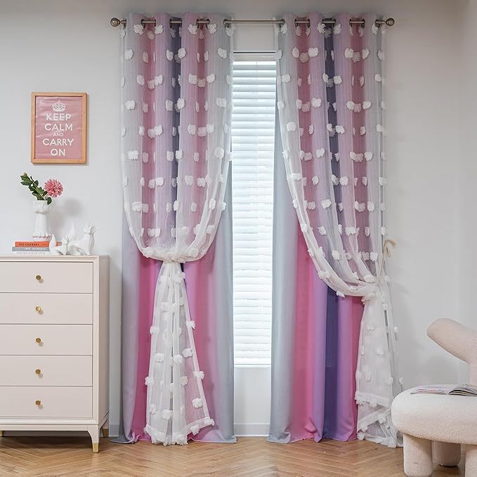 MYSKY HOME Double Layer Curtains for Girls Bedroom Pink Purple Curtains for Daughter Room Ombre Kids Curtains White Pom Pom Sheer Drapes 63 Inches Length Room Darkening Grommet 2 Panels W52 X L63