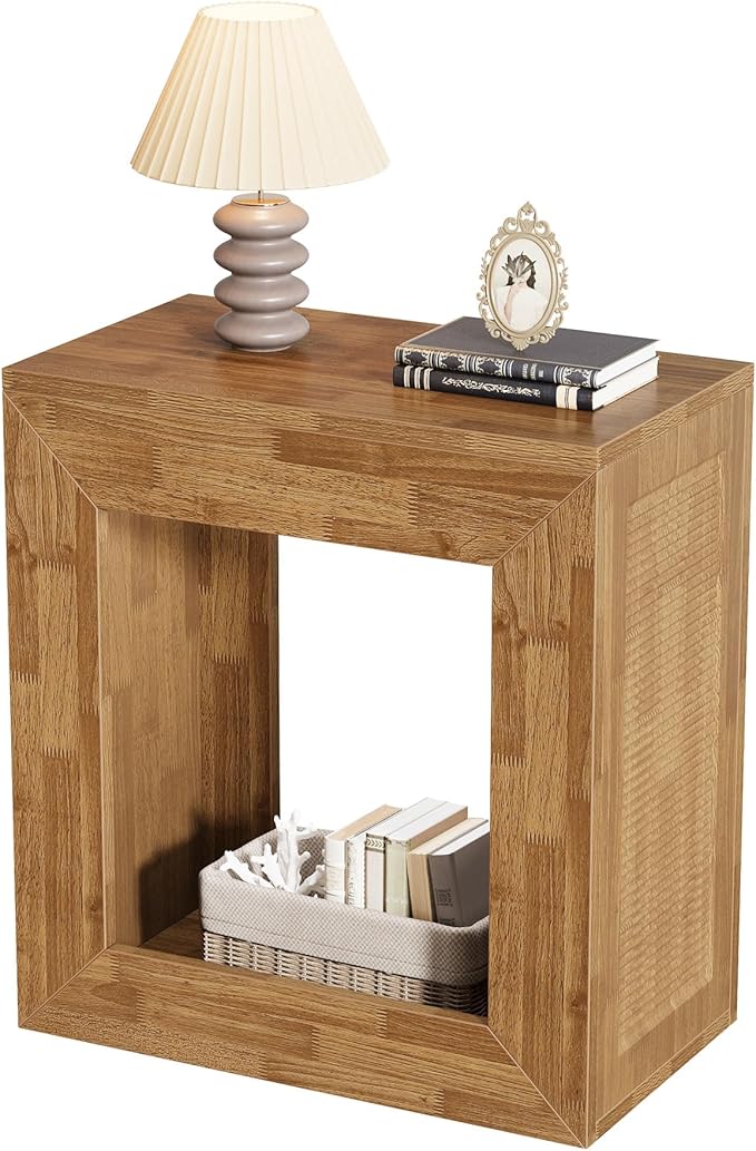 Tribesigns Rustic End Table, 2-Tier Wooden Side Table with Sturdy Base, Farmhouse Narrow Nightstand with Storage Shelf for Living Room, Bedroom, Brown (Set of 2)