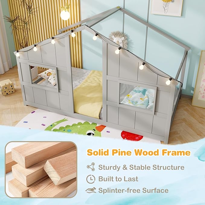 Twin Montessori Floor Bed with Roof, LED Light, Wood House Bed Frame with Headboard and 2 Windows, Low to Ground Cute Playhouse Bed for Kids, Girls, Boys, Without Slats (Grey)