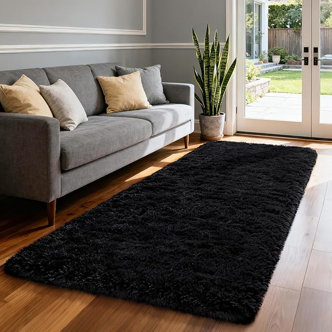 Merelax Black 2x8 Non-Slip Long Runner Rug for Hallways Entry, Soft Fluffy Area Rugs for Living Room, Shaggy Plush Furry Bedside Rug Indoor Floor Carpet Nursery Kids Room Dorm Holiday Decor