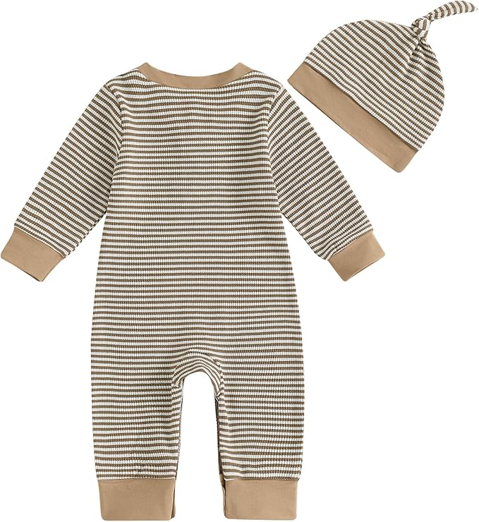 Infant Boys Fall Clothes Newborn Baby Romper Hat Stripe Knit Long Sleeve Bodysuit Jumpsuit Baby Going Home Outfit