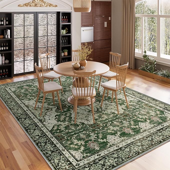 AMTOVO Area Rugs 5'x7' Washable Non-Slip, Vintage Boho Distressed Print Pattern Rugs for Living Room, Soft Low Pile Carpet for Bedroom Indoor Playroom Nursery Farmhouse Girls Room, Dark Green