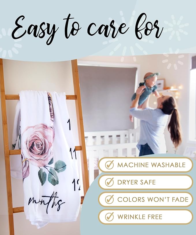 Baby Monthly Milestone Blanket for Girls- Soft Thick Fleece 46"x46" - Perfect Photo Growth Chart for First 12 Months - Extra Cozy for Pictures, Creating Monthly Memories - Soft Floral Design