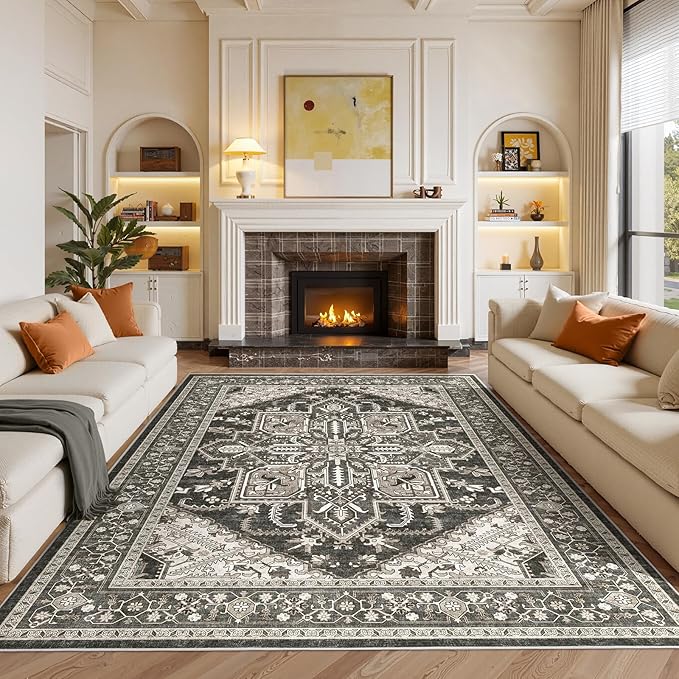 WITSHOCK Black 10x12 Large Living Room Rugs: Washable Modern Vintage Boho Soft Low Pile Stain Resistant Foldable Carpet for Bedroom Playroom Dining Room Office, Distressed Farmhouse Floral Home Decor