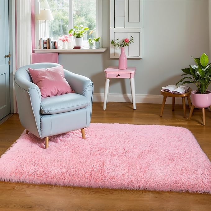 Thick Area Rugs 6x9 Pink Fluffy Shag for Girls Bedroom, Soft Plush Fuzzy Washable Thickened Non-Slip Large Carpet for Living Room, Modern Shaggy Furry Rugs for Toddler Nursery Kids Dorm Room