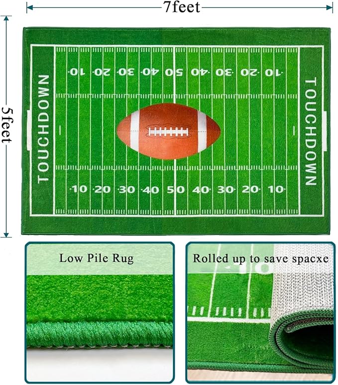Football Field 5x7 Rug for Boys Bedroom Sports Rugs for Boys Room Decor, Soft Football Rug for Kids Playroom, Area Rug for Game Room or Man Cave Carpet