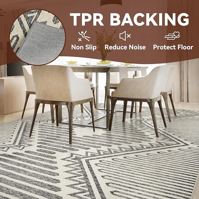 Charcoal Grey Boho 9x12 Area Rugs Textured Tufted Rugs for Living Room Bedroom Rug-Carpet Washable Neutral Modern Geometric Moroccan Aztec Rug