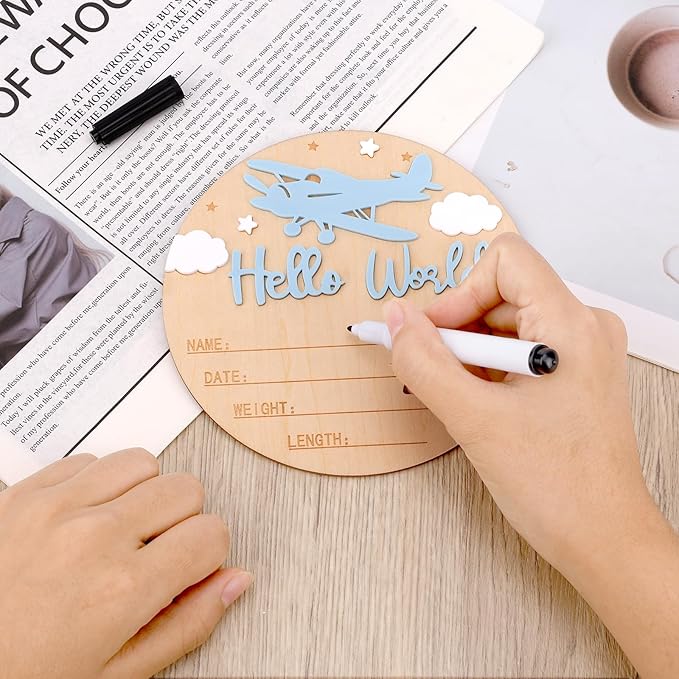 Hello World Newborn Sign with Pen, 5.9in Round Newborn Welcome Birth Name Sign Airplane and Cloud Decoration Baby Boy Girl Announcement Board for Hospital Nursery Home Decor Photo Props