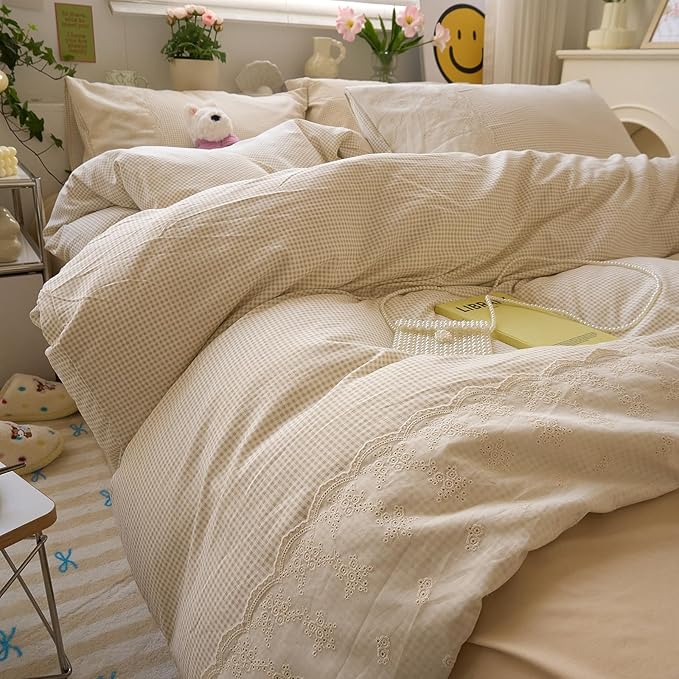 LifeTB Tan Gingham Duvet Cover Queen 3 Pieces Romantic Lace Duvet Cover Vintage Plaid Checkered Comforter Cover with 2 Pillowcases Soft Microfiber Beige Tan Grid Farmhouse Plaid Bedding Set