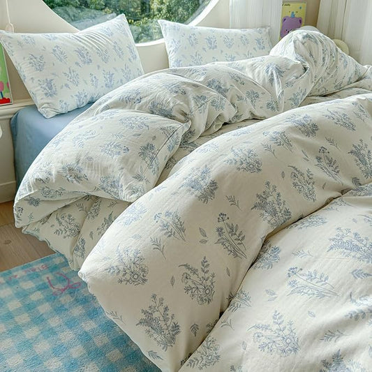 LifeTB Muslin Duvet Cover Set Twin Vintage Botanical Floral Duvet Cover 100% Cotton Linen Feel Flower Bedding Set Super Soft Gauze Comforter Cover Breathable Lightweight Cottagecore Bedding Set