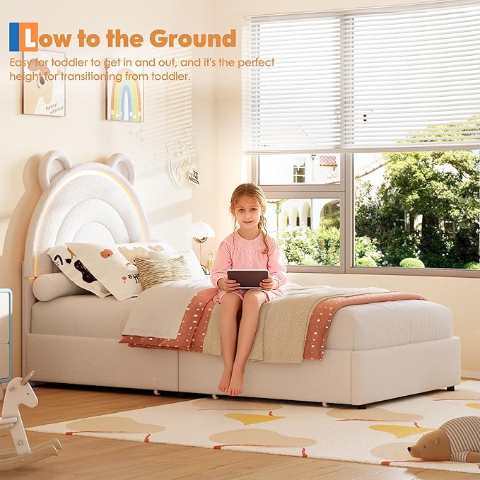 Garvee Princess Twin Size Bed Frame with 2 Storage Drawers & LED Lights, Upholstered Platform Bed with Rainbow Headboard for Kids/Girls, Solid Wood Slats Support, No Box Spring Needed, White