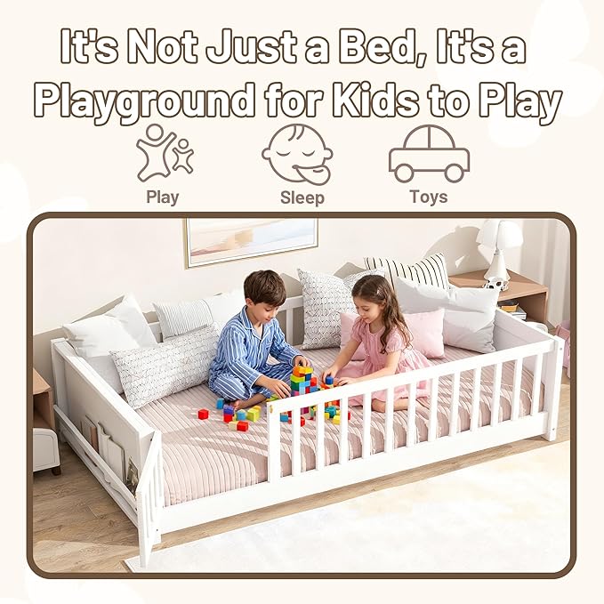 Twin Toddler Floor Bed with High Rails, Wooden Montessori Bed Frame with Door & Built-in Book Rack, Twin Size Bed Frame for Kids, Boys and Girls, White