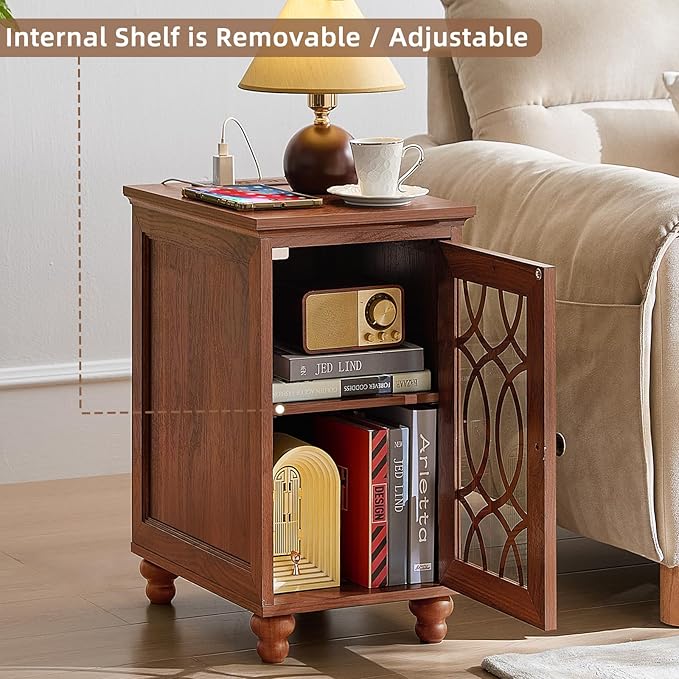 Narrow Side Table with Charging Station, Night Stand with Glass Door, Bedside End Tables with Adjustable Shelf Storage Cabinet,Wood Nightstand for Small Spaces Living Room Bedroom