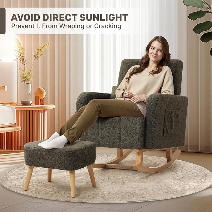 Rocking Nursing Chair with Ottoman, Upholstered Glider Rocker Armchair with High Backrest and Side Pocket, Comfy Reading Chair with Solid Wood Legs for Nursery, Living Room,Bedroom, Green