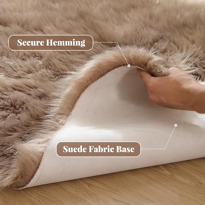 Beige Round Rugs 6ft Fuzzy Faux Sheepskin Washable Fluffy Fur Area Rugs for Bedroom Large Circle Nursery Living Room Shag Rug